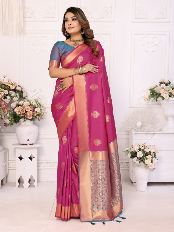Vedant Vastram Soft Litchi Silk Banarasi Silk Saree - Pink - Distacart