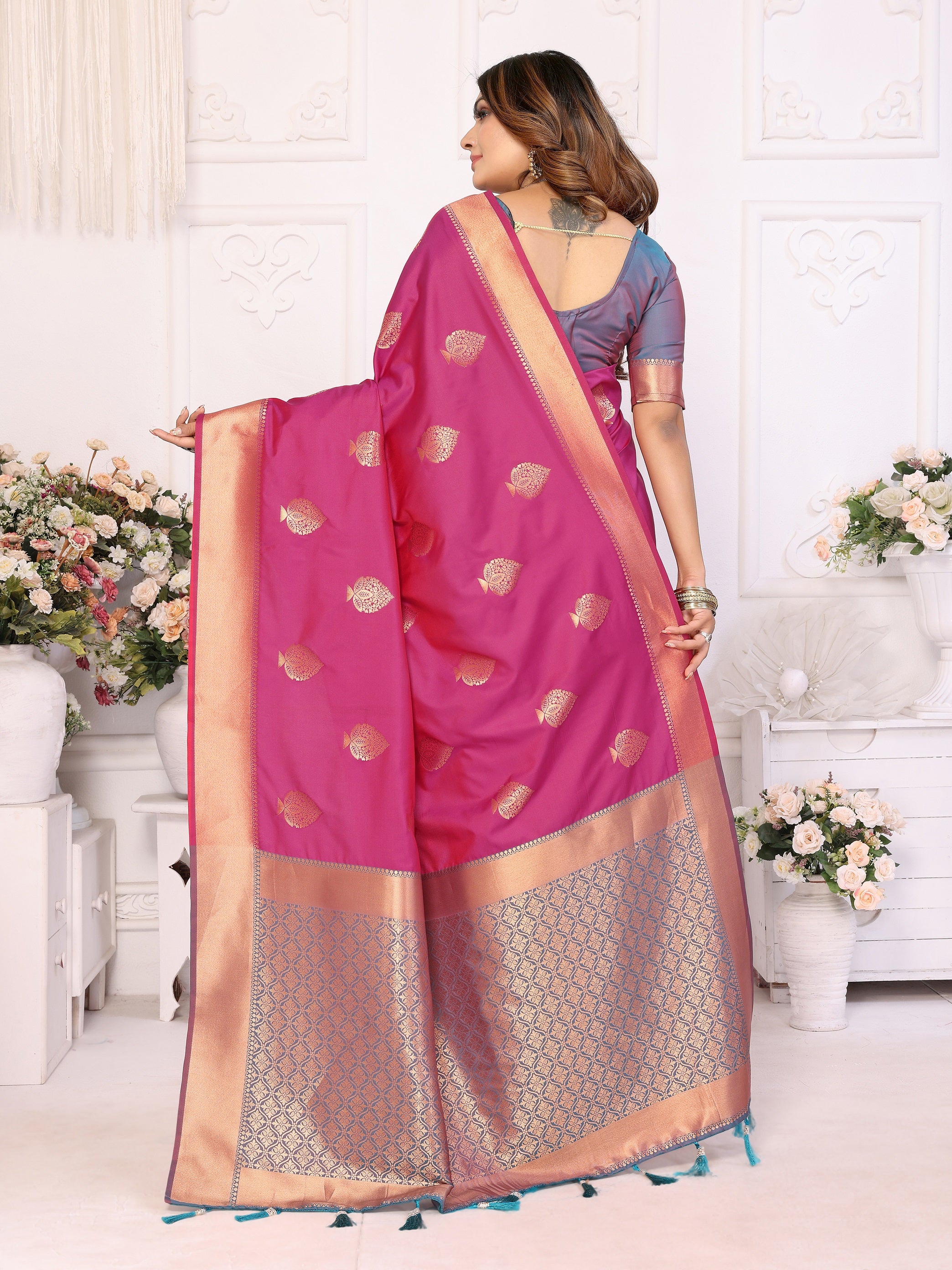 Vedant Vastram Soft Litchi Silk Banarasi Silk Saree - Pink - Distacart