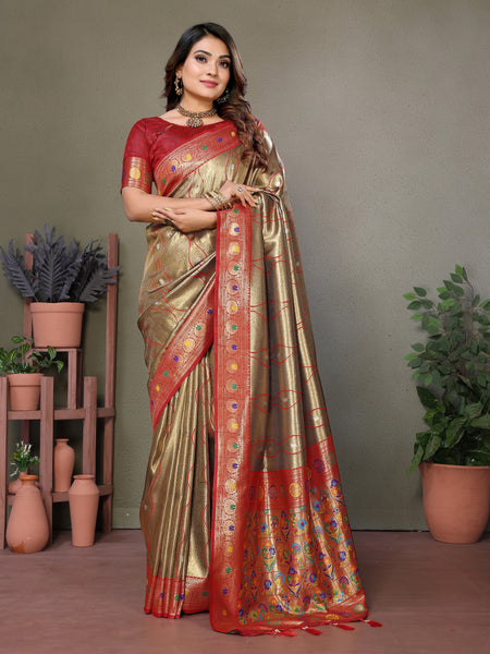 Vedant Vastram Tissue Silk Leheriya Design Kanjeevaram Silk Saree - Beige - Distacart