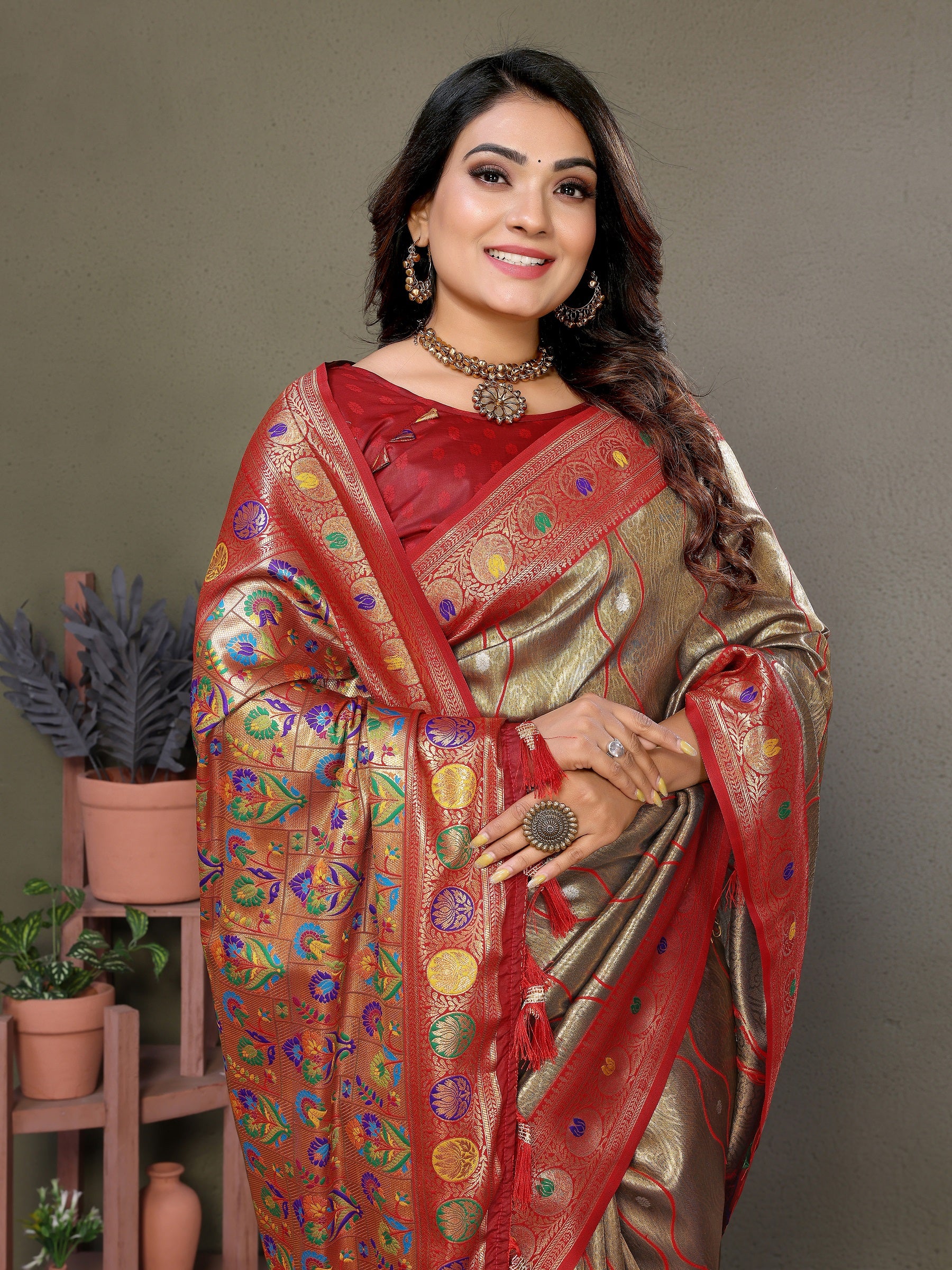 Vedant Vastram Tissue Silk Leheriya Design Kanjeevaram Silk Saree - Beige - Distacart