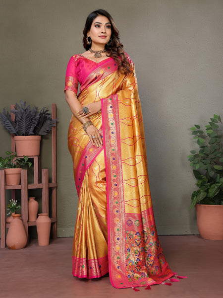 Vedant Vastram Tissue Silk Leheriya Design Kanjeevaram Silk Saree - Mustard - Distacart