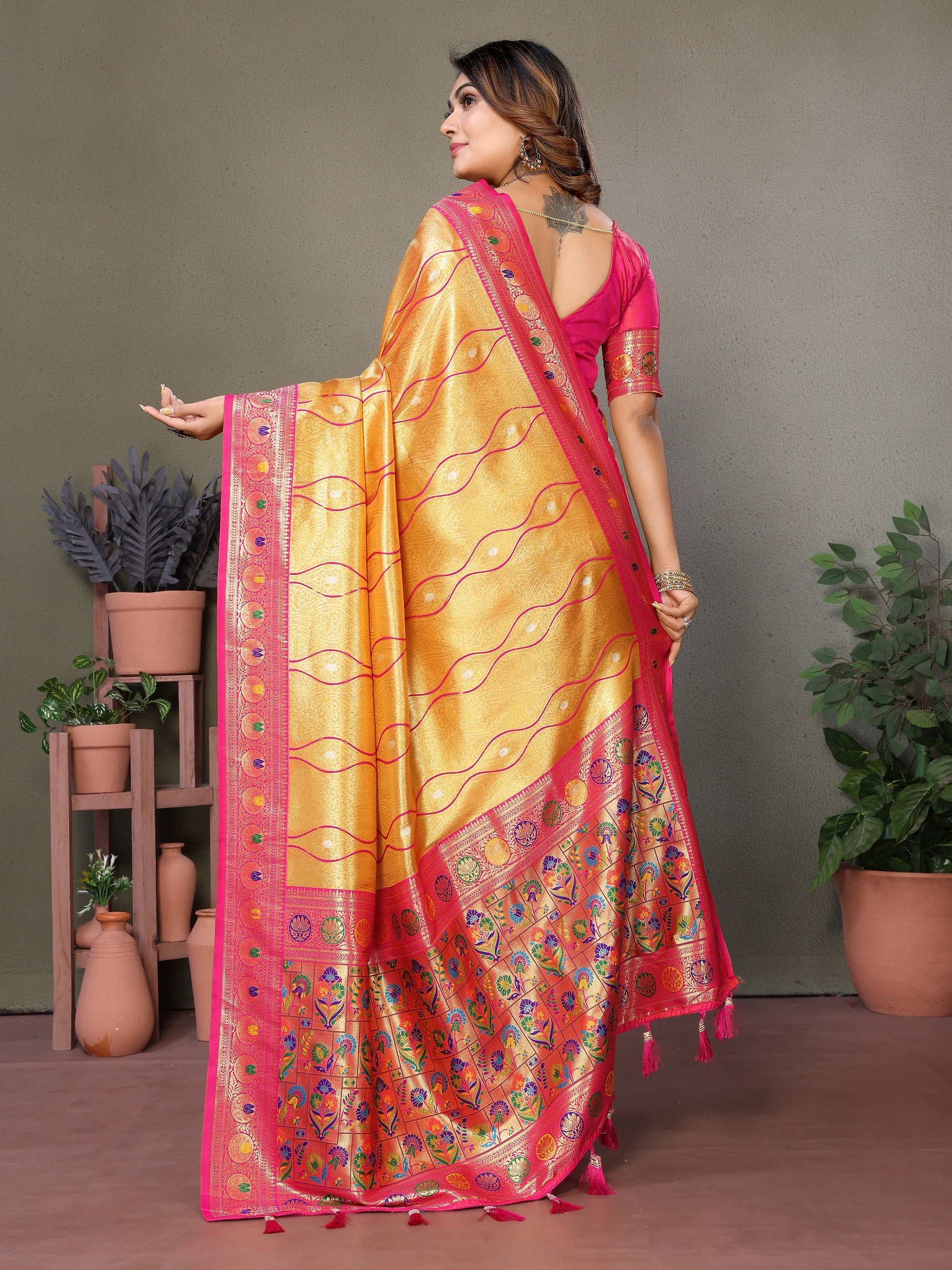 Vedant Vastram Tissue Silk Leheriya Design Kanjeevaram Silk Saree - Mustard - Distacart
