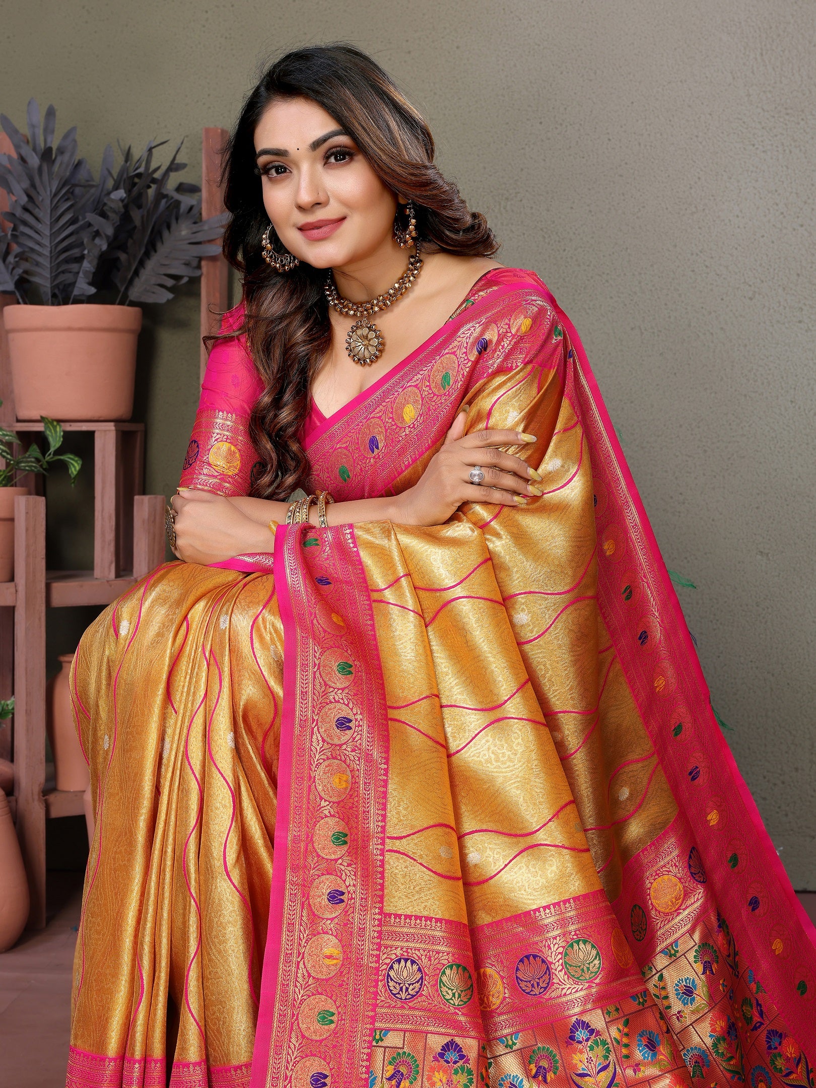 Vedant Vastram Tissue Silk Leheriya Design Kanjeevaram Silk Saree - Mustard - Distacart