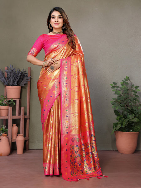 Vedant Vastram Tissue Silk Leheriya Design Kanjeevaram Silk Saree - Orange - Distacart