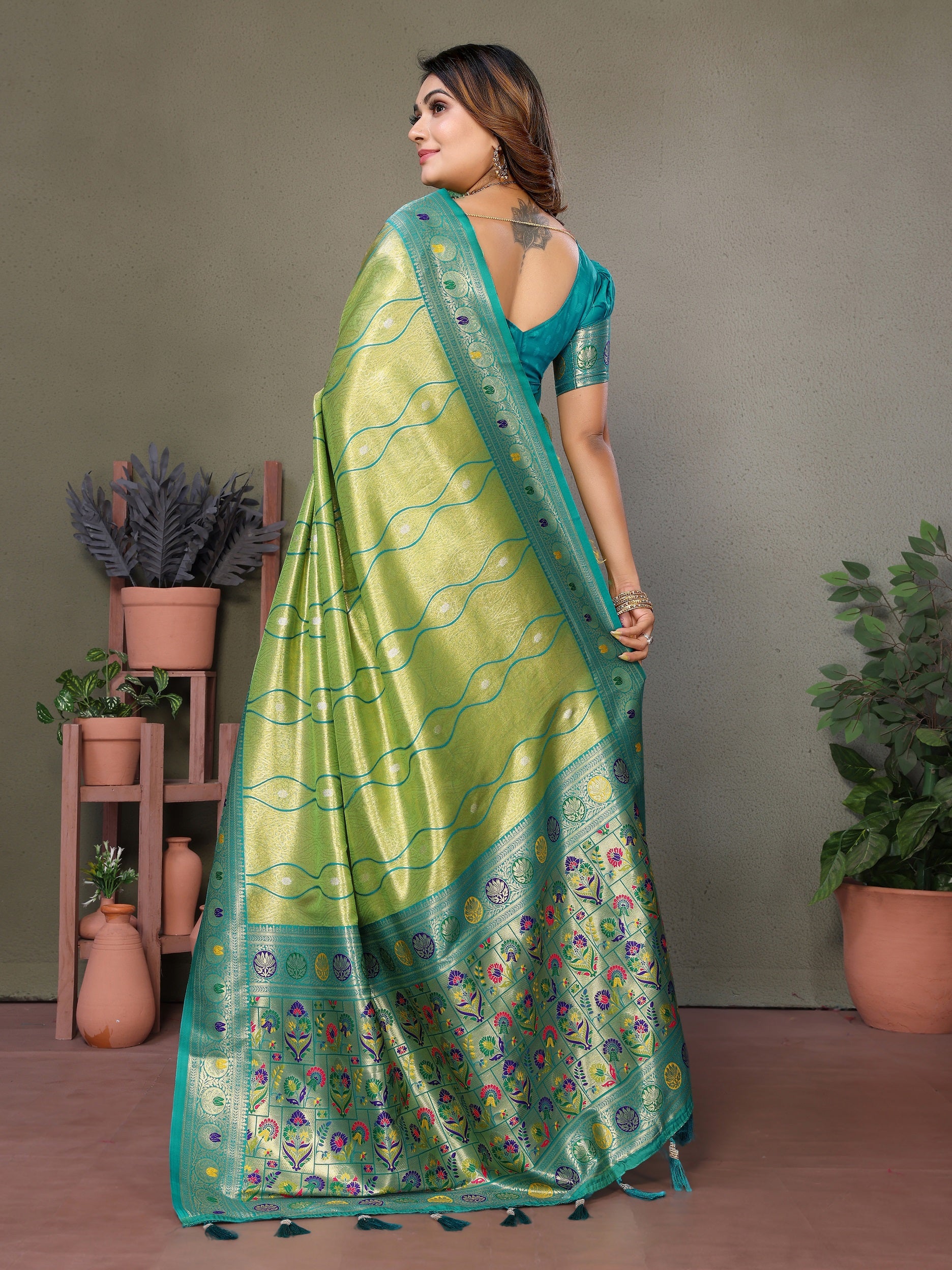 Vedant Vastram Tissue Silk Leheriya Design Kanjeevaram Silk Saree - Parrot - Distacart