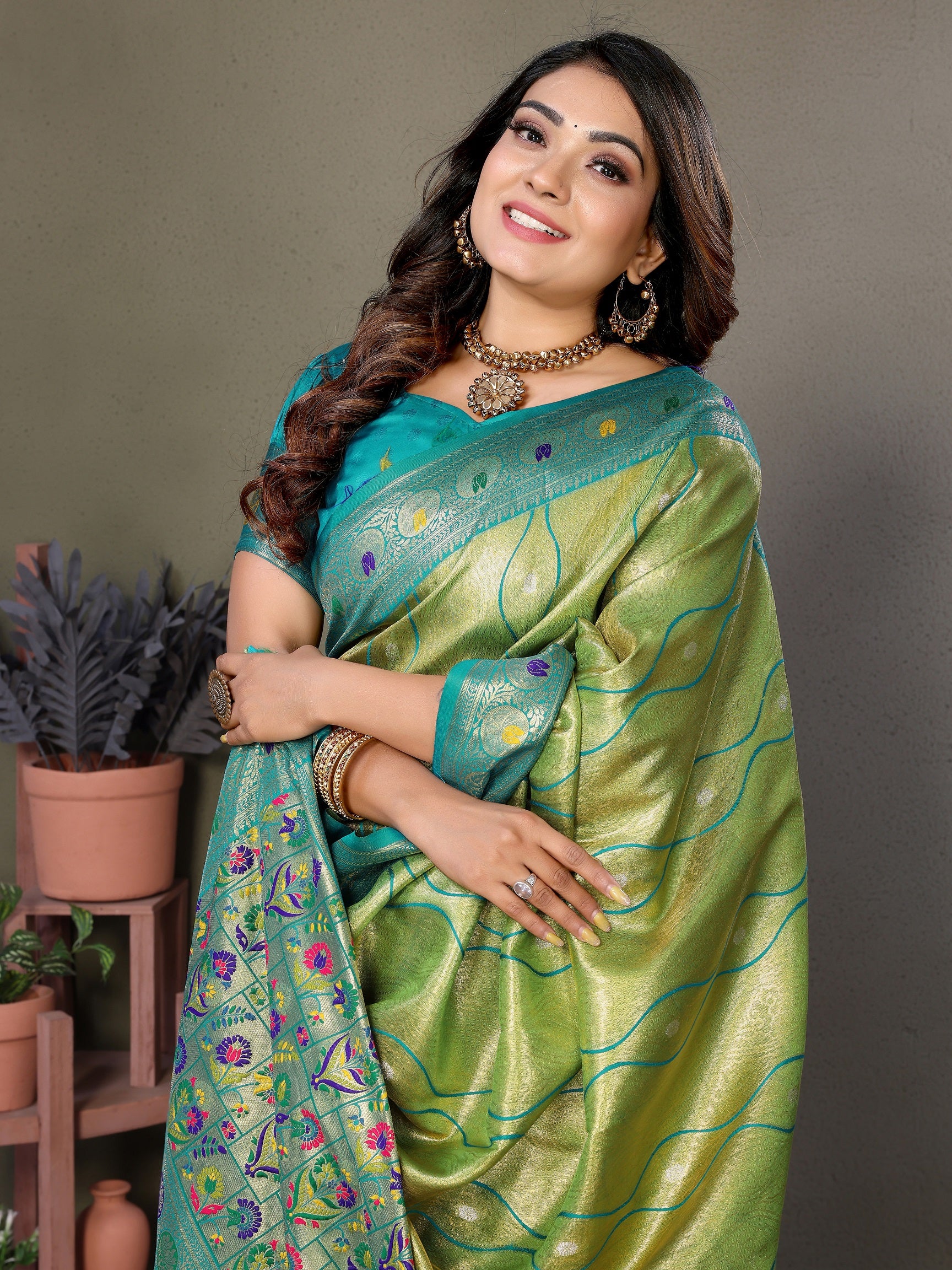 Vedant Vastram Tissue Silk Leheriya Design Kanjeevaram Silk Saree - Parrot - Distacart