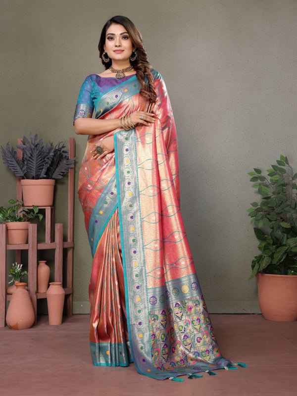 Vedant Vastram Tissue Silk Leheriya Design Kanjeevaram Silk Saree - Peach - Distacart