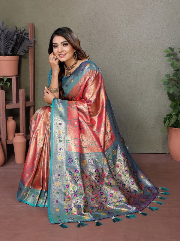 Vedant Vastram Tissue Silk Leheriya Design Kanjeevaram Silk Saree - Peach - Distacart