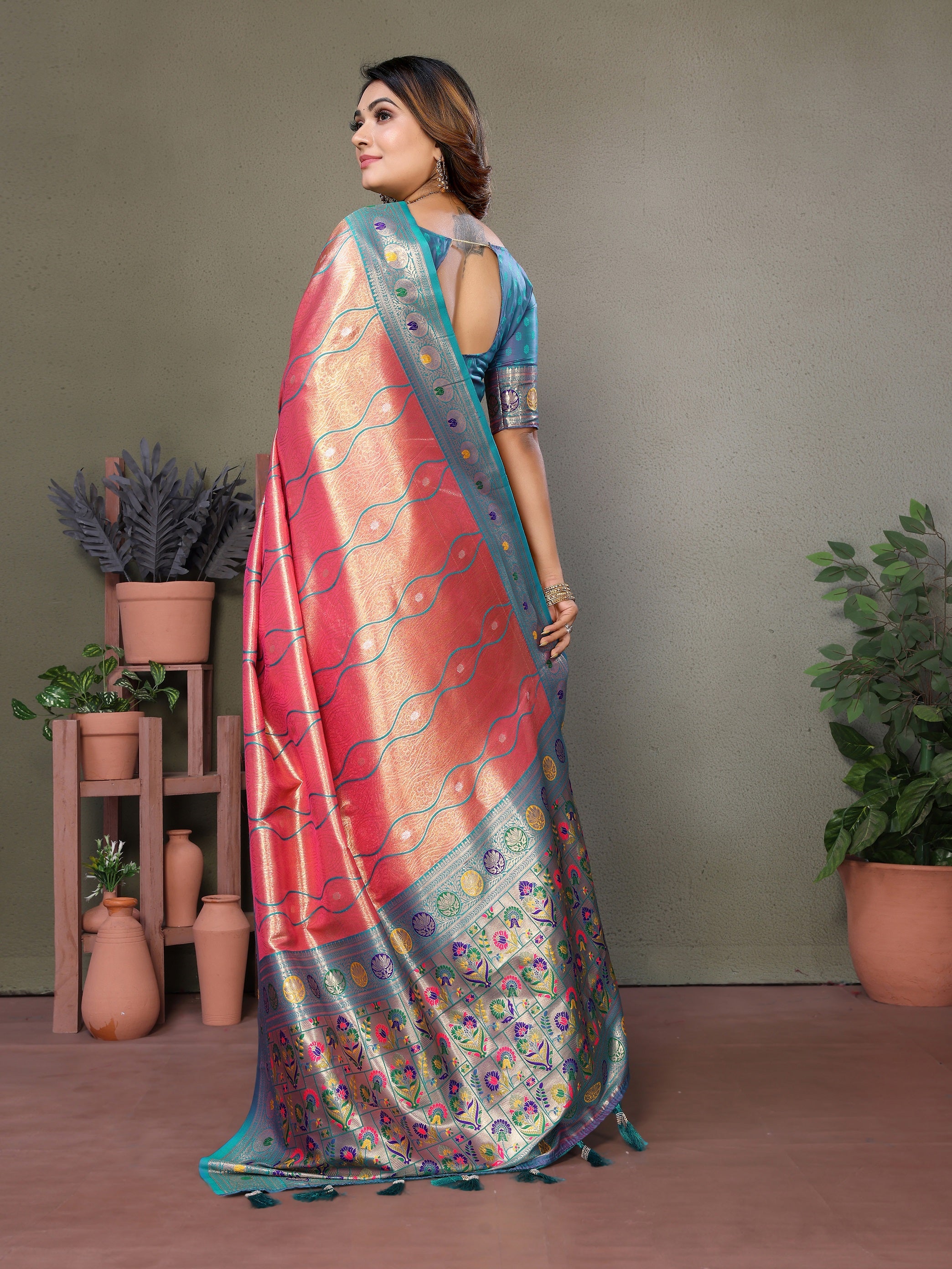 Vedant Vastram Tissue Silk Leheriya Design Kanjeevaram Silk Saree - Peach - Distacart