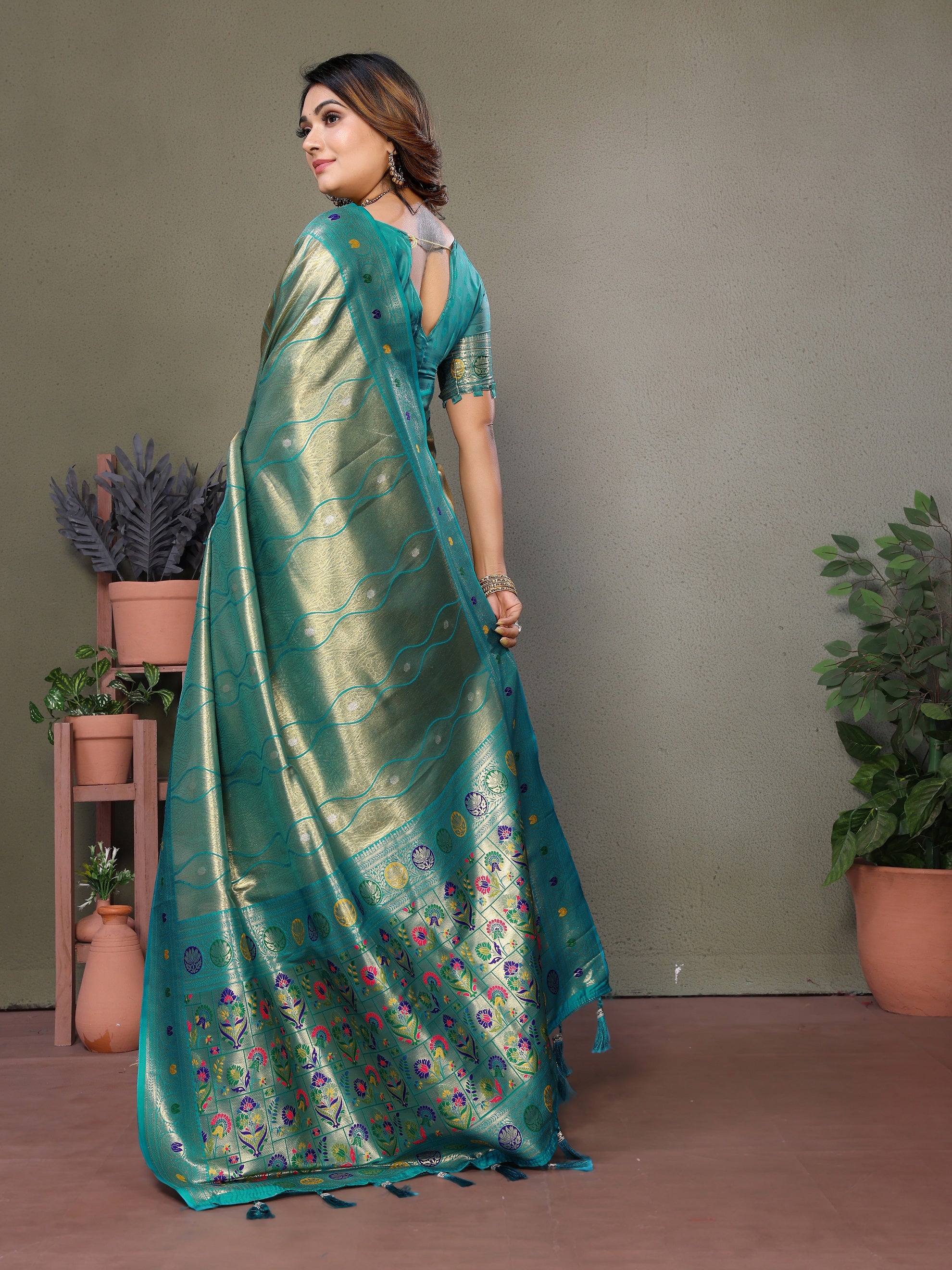 Vedant Vastram Tissue Silk Leheriya Design Kanjeevaram Silk Saree - Rama - Distacart
