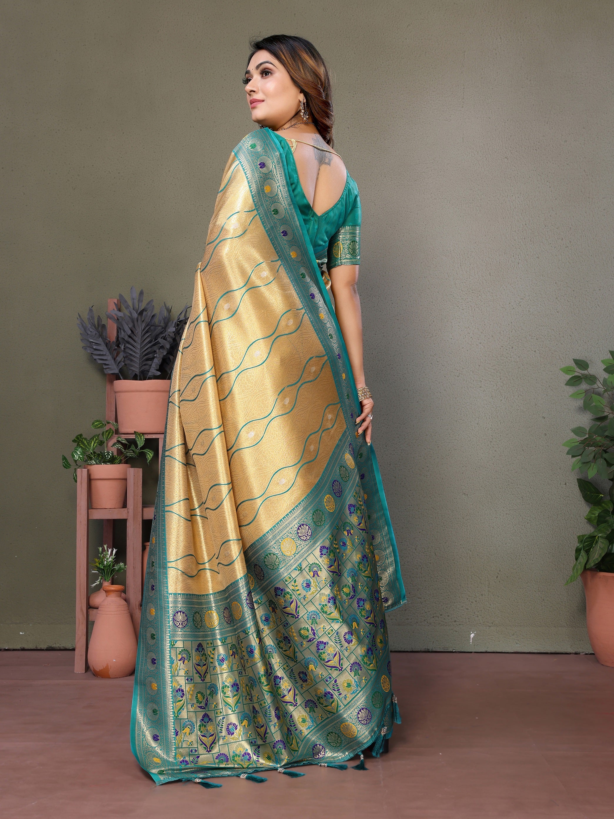Vedant Vastram Tissue Silk Leheriya Design Kanjeevaram Silk Saree - Yellow - Distacart