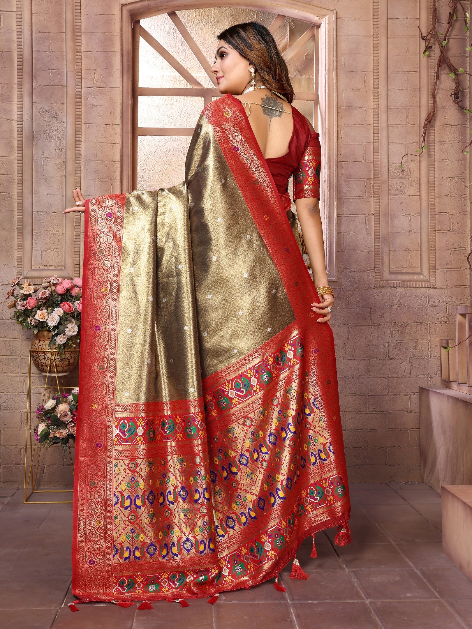Vedant Vastram Tissue Silk Paithani Silk Saree - Gold - Distacart
