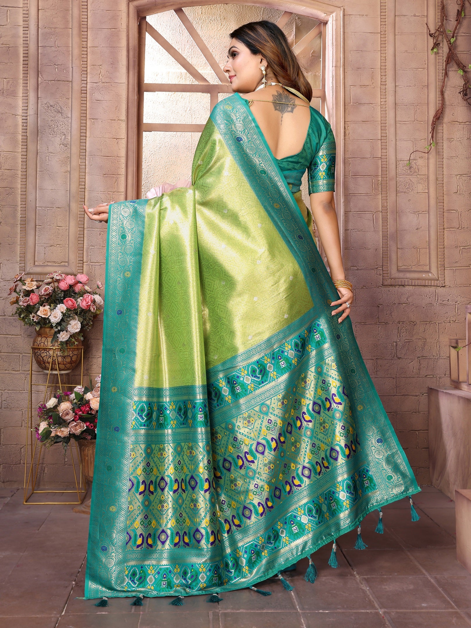 Vedant Vastram Tissue Silk Paithani Silk Saree - Parrot - Distacart