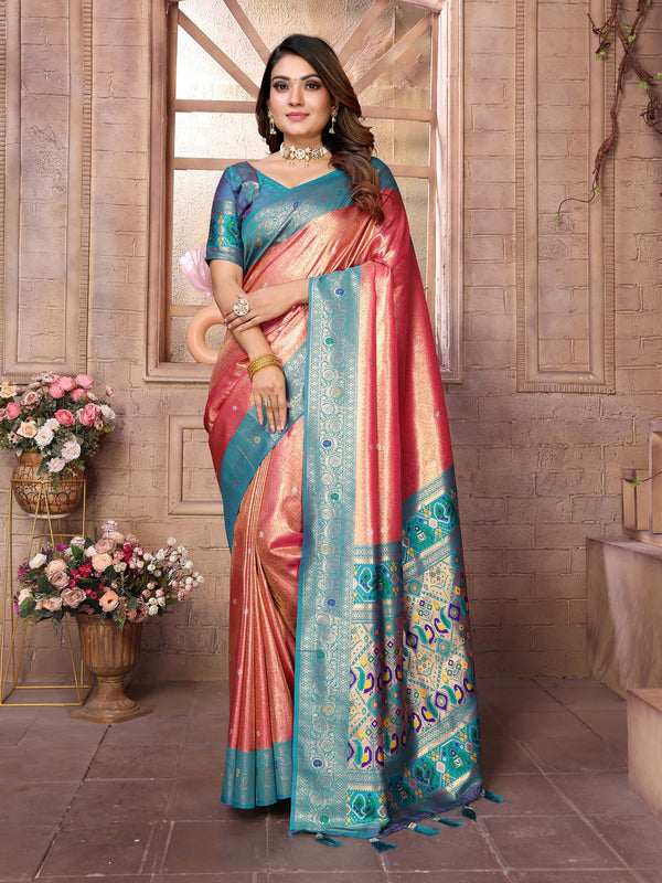 Vedant Vastram Tissue Silk Paithani Silk Saree - Peach - Distacart