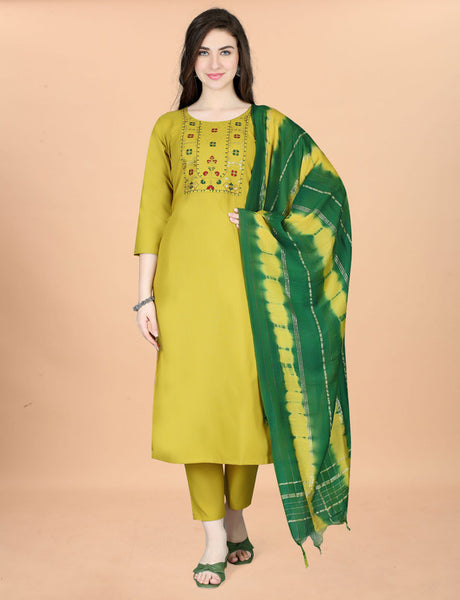 Malishka Women's Yellow Cotton Blend Embroidery Kurta Set With Dupatta