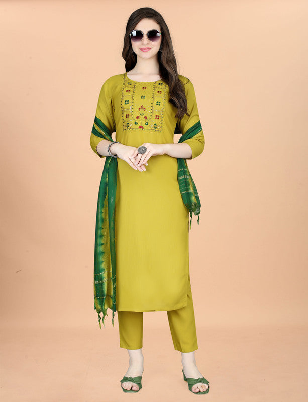 Malishka Women's Yellow Cotton Blend Embroidery Kurta Set With Dupatta