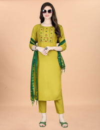 Thumbnail for Malishka Women's Yellow Cotton Blend Embroidery Kurta Set With Dupatta