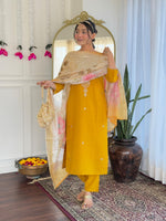 Thumbnail for The52 Women's Viscose Embroidery work Straight Kurta with Pant and Dupatta Set