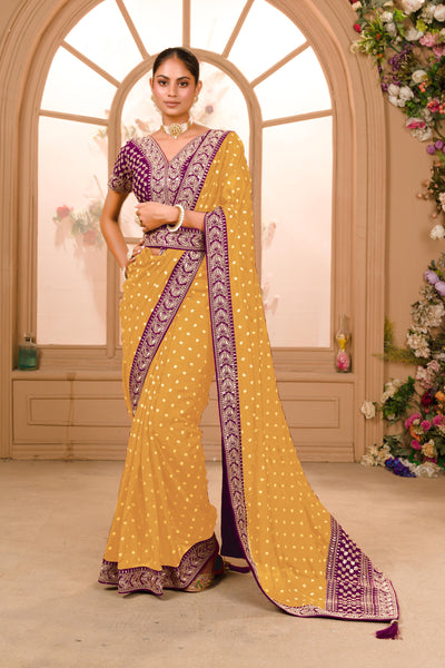 Teeya Creation Yellow Color Chinnon Silk Heavy Embroidery Work Saree