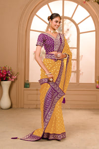 Thumbnail for Teeya Creation Yellow Color Chinnon Silk Heavy Embroidery Work Saree