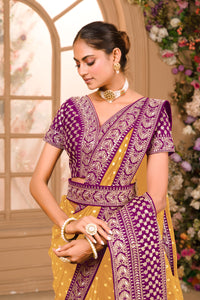 Thumbnail for Teeya Creation Yellow Color Chinnon Silk Heavy Embroidery Work Saree