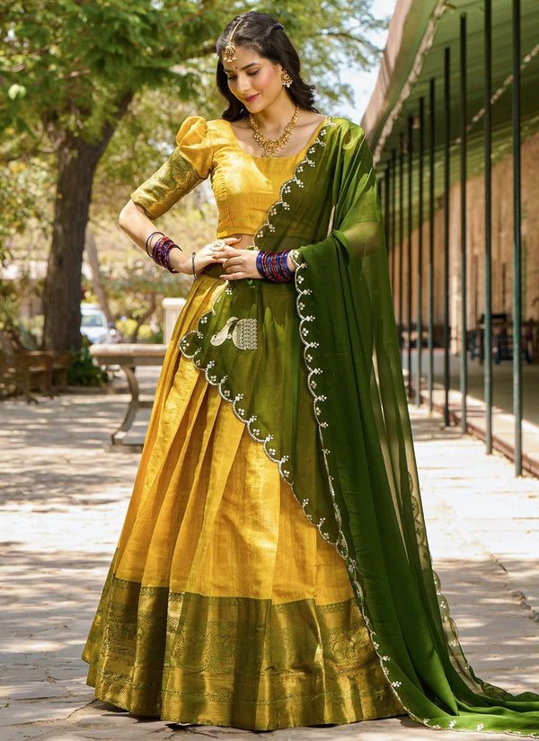 Lorenvalley Mustard Kanjivaram Silk Zari Weaving Lehenga Choli with Dupatta - Distacart