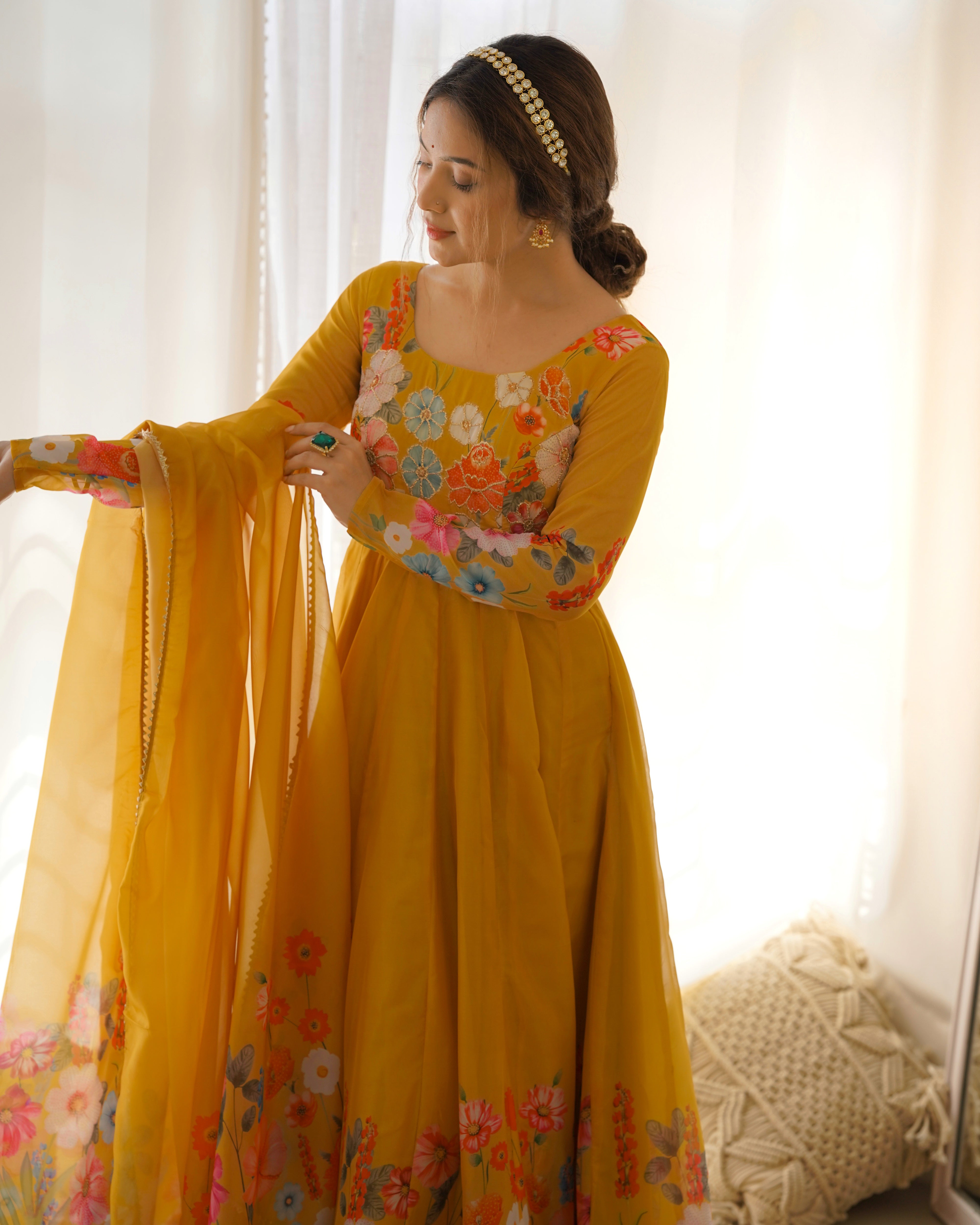 Lorenvalley Parrot Soft Organza Silk With Floral Print Fully Flared Anarkali Pant With Dupatta Set - Mustard - Distacart