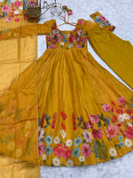 Thumbnail for Lorenvalley Parrot Soft Organza Silk With Floral Print Fully Flared Anarkali Pant With Dupatta Set - Mustard - Distacart