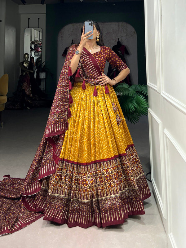 Lorenvalley Mustard Tussar Silk Bandhej And Ajarakh Print Lehenga Choli with Dupatta - Distacart