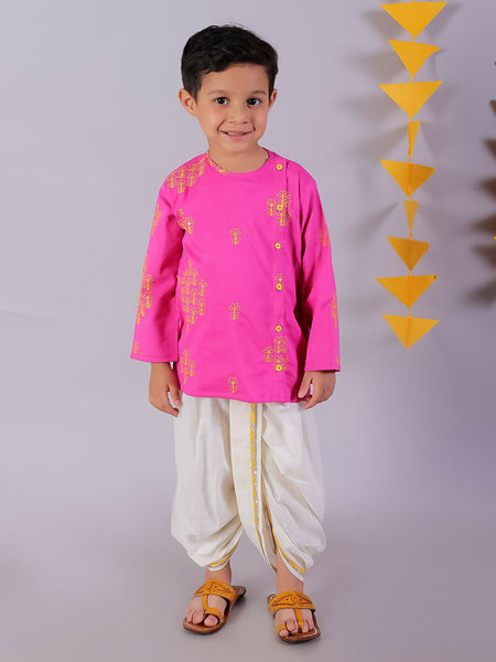 Lil Drama Janmashtami Pink Boys Cotton Kurta and White Dhoti Ethnic Set - Distacart
