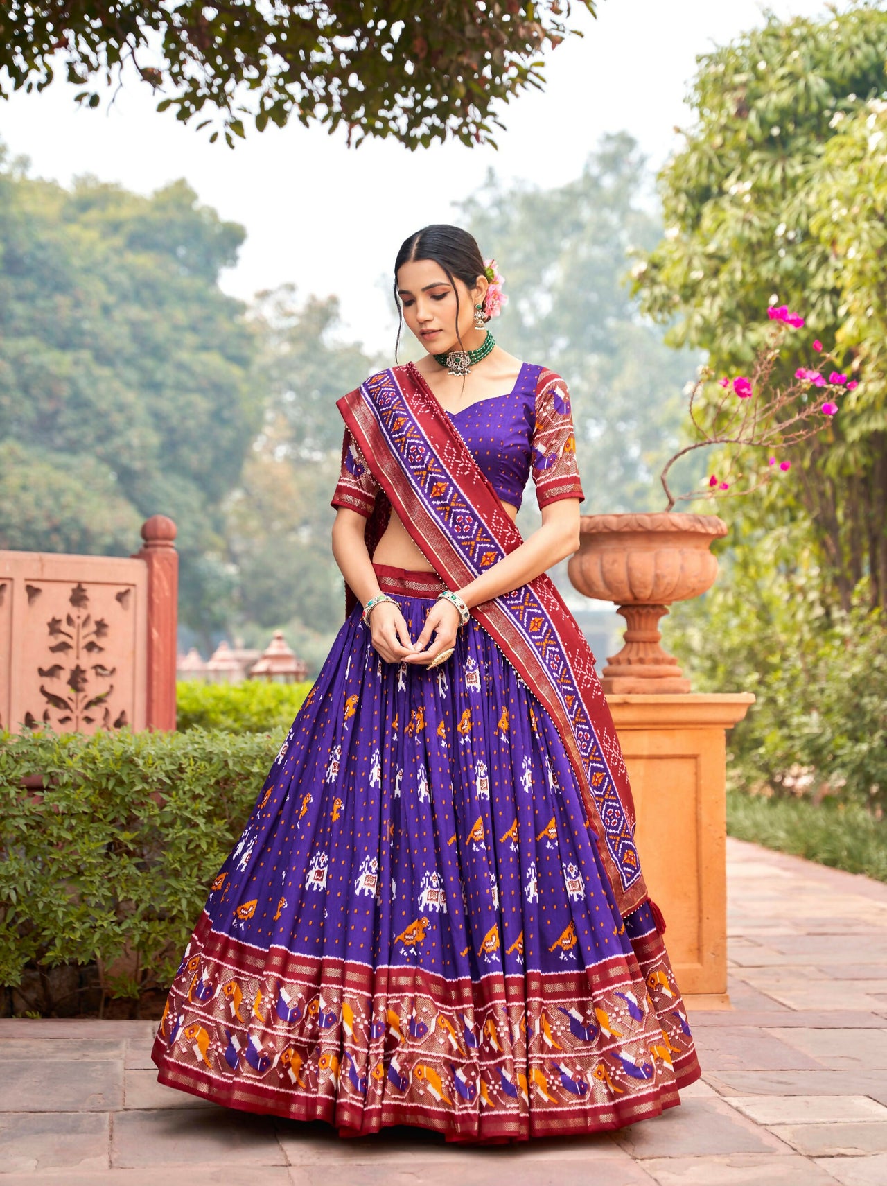 Vastranavya Patola Printed and Foil Work Tussar Silk Lehenga with Unstitched Blouse - Purple