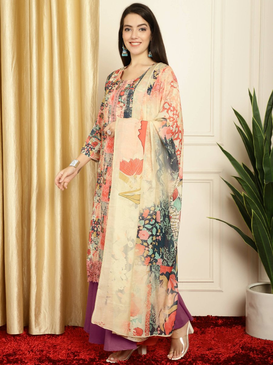 Aastha Fashion Women's Multicolor Muslin Digital Printed with Embroidered Lace work Kurta with Trouser & Dupatta - Distacart