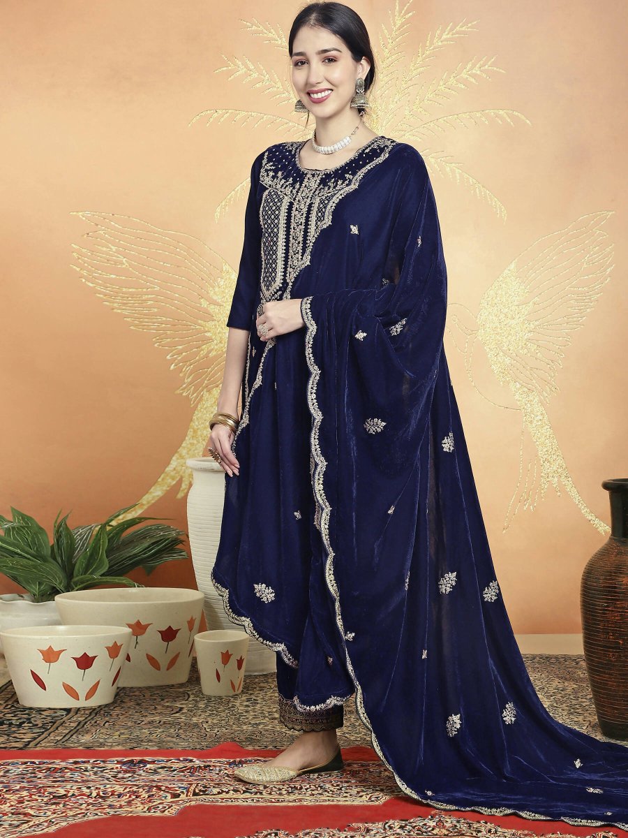 Aastha Fashion Women's Navy Blue Velvet Cording with Resham Thread & Sequin Kurta with Trouser & Dupatta - Distacart