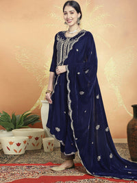 Thumbnail for Aastha Fashion Women's Navy Blue Velvet Cording with Resham Thread & Sequin Kurta with Trouser & Dupatta - Distacart