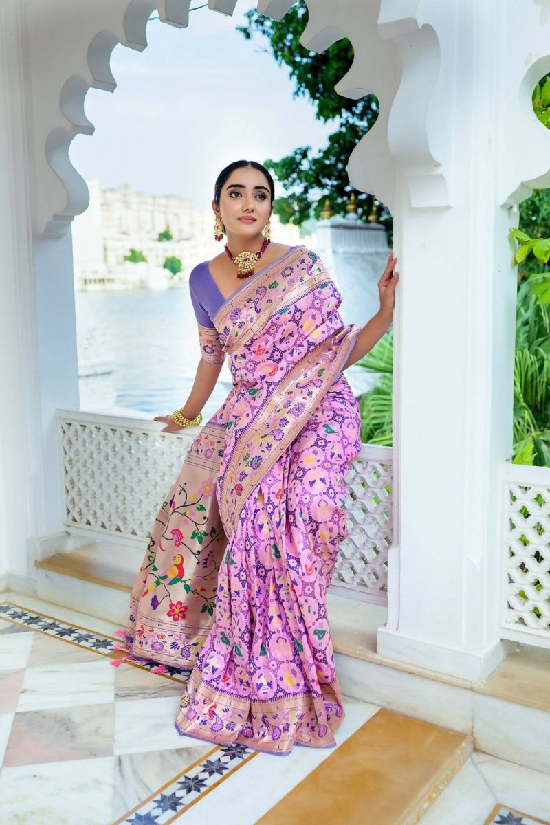 Aastha Fashion Baby Pink Woven Paithani Silk Saree with Blouse - Distacart