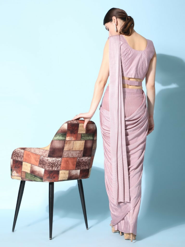 Pink Imported Crush Lycra Texture Pattern Ready to Wear Saree with stitched Blouse - Nirvana - Distacart