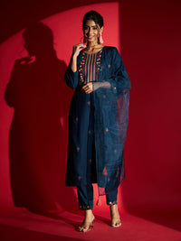 Thumbnail for Malishka Women's Blue Viscose Rayon Embroidery Kurta Set With Dupatta