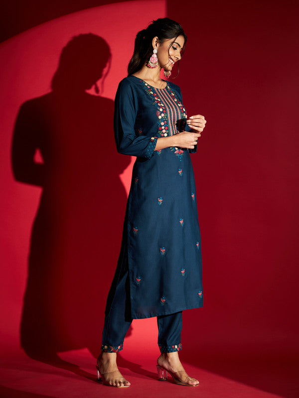 Malishka Women's Blue Viscose Rayon Embroidery Kurta Set With Dupatta