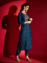 Thumbnail for Malishka Women's Blue Viscose Rayon Embroidery Kurta Set With Dupatta