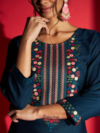 Thumbnail for Malishka Women's Blue Viscose Rayon Embroidery Kurta Set With Dupatta