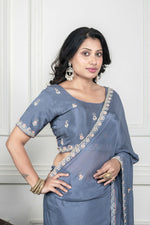 Thumbnail for Morchari Grey Chiffon Hand Embroidery Saree And Stitched Blouse