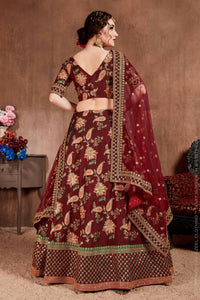 Thumbnail for Aastha Fashion Women's Blooming Dark Maroon Colored Bridal Wear Designer Embroidered Lehenga choli - Distacart