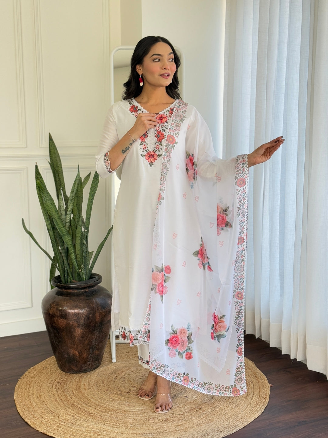 The52 Thread work on Viscose Fabric Straight Kurta, Pant and Dupatta Set