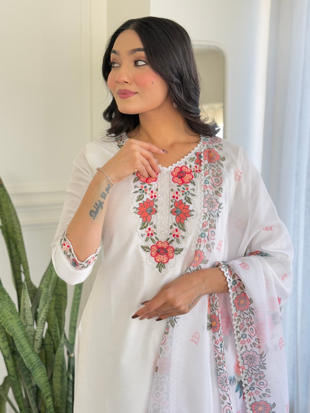 The52 Thread work on Viscose Fabric Straight Kurta, Pant and Dupatta Set