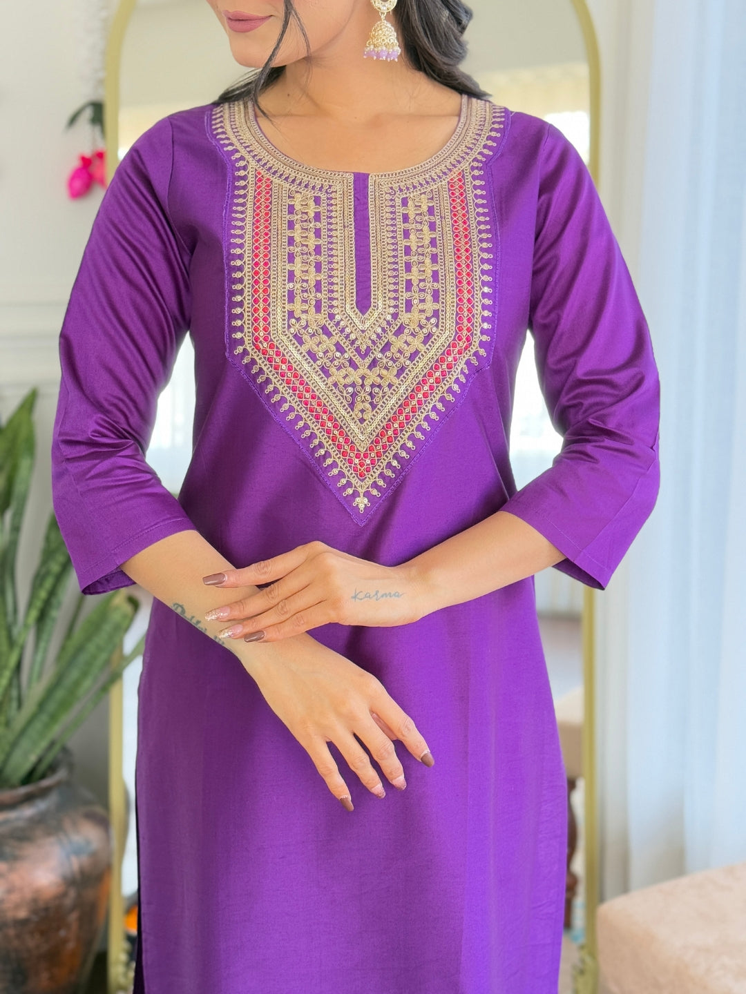 The52 Embroidered Rayon Fabric Straight Kurta, Pant and Dupatta Set