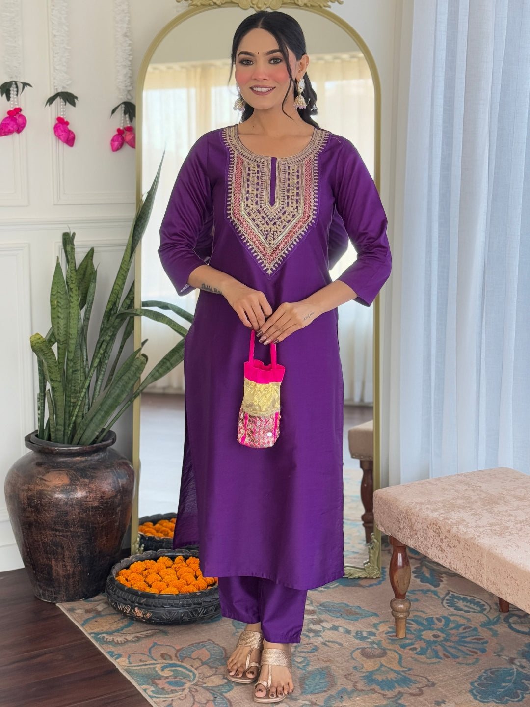 The52 Embroidered Rayon Fabric Straight Kurta, Pant and Dupatta Set