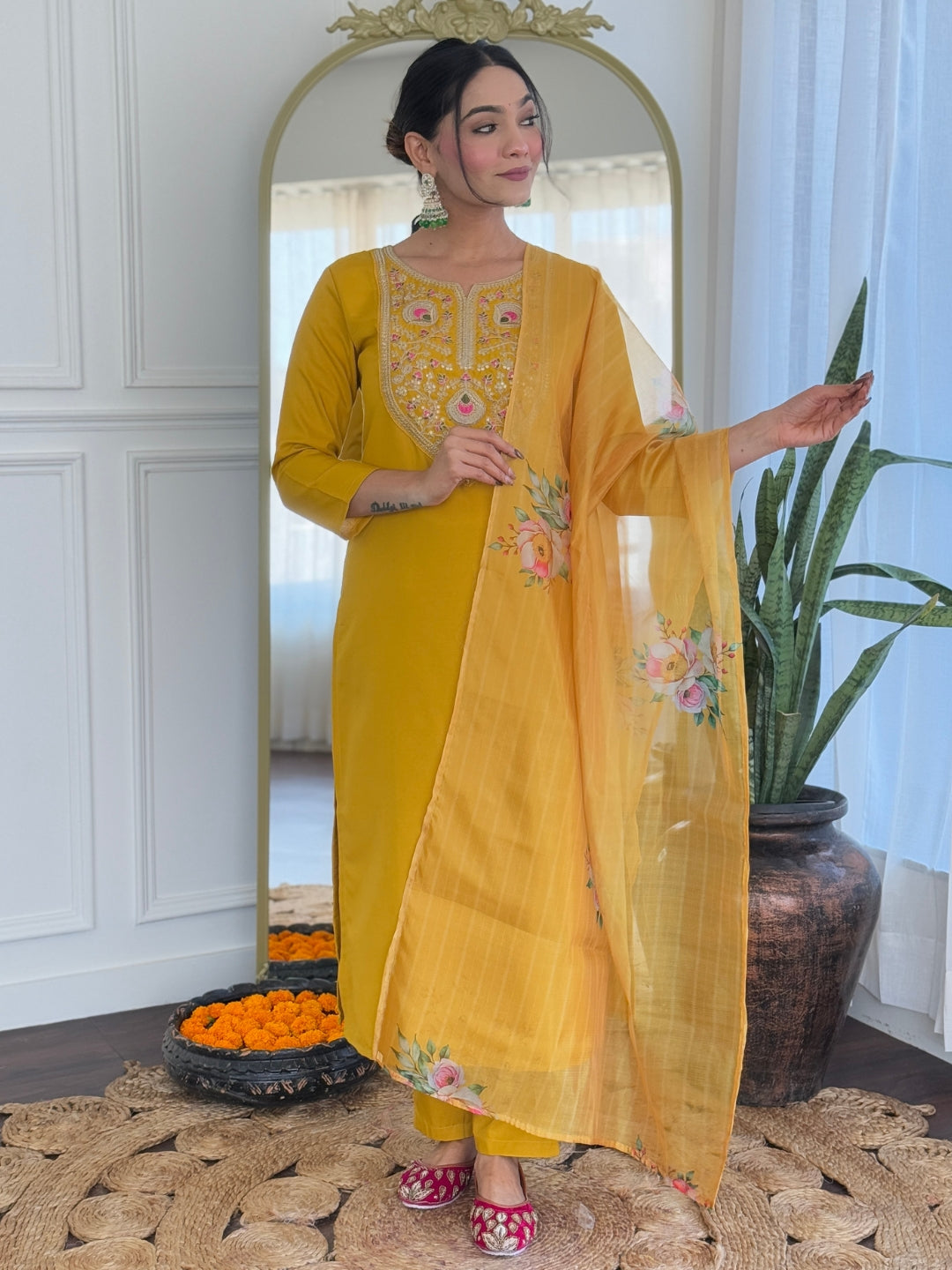 The52 Mustard Embroidered Rayon Fabric Straight Kurta, Pant and Dupatta Set