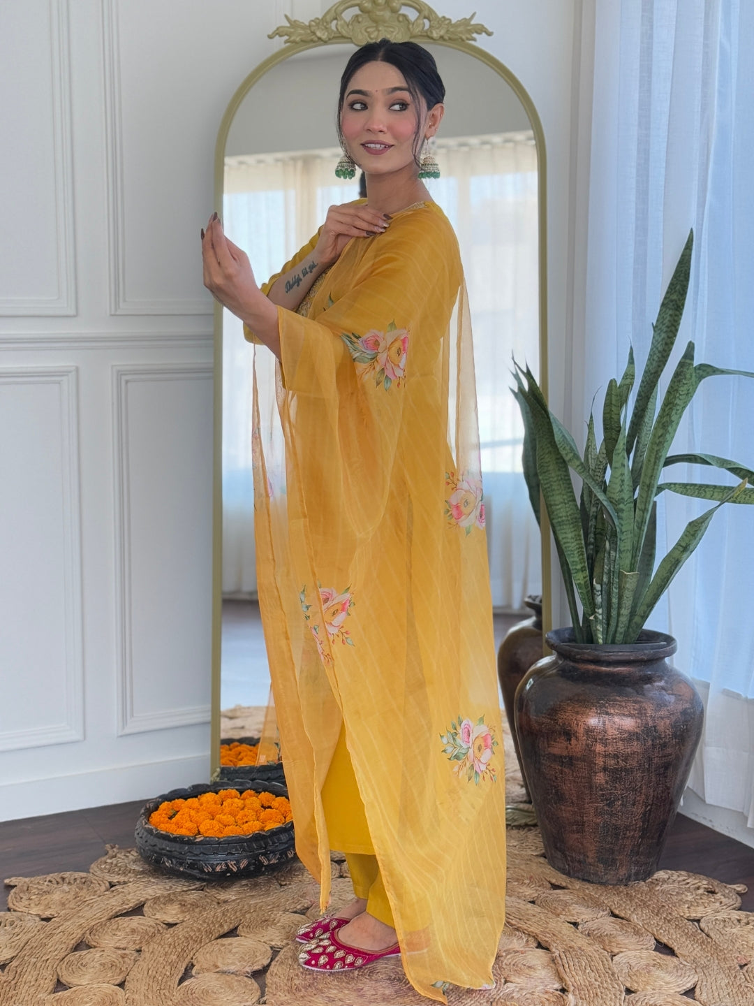 The52 Mustard Embroidered Rayon Fabric Straight Kurta, Pant and Dupatta Set