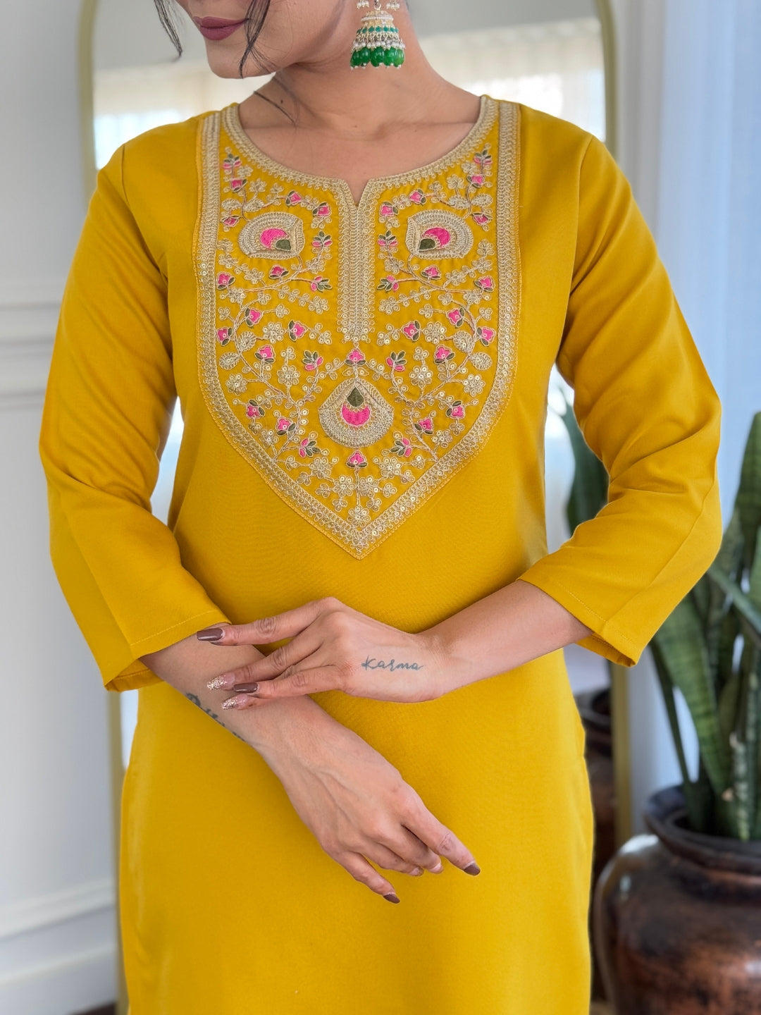 The52 Mustard Embroidered Rayon Fabric Straight Kurta, Pant and Dupatta Set