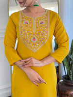 Thumbnail for The52 Mustard Embroidered Rayon Fabric Straight Kurta, Pant and Dupatta Set